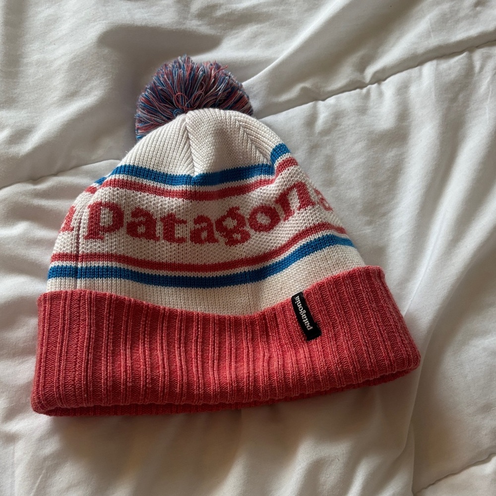 Patagonia Women’s Striped Pink and Blue Pom Beanie